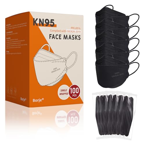 Borje KN95 Face Masks, Black Masks Disposable 100 pack, Individually Wrapped Respirator Mask Filter Efficiency 95% for Adult - color: Black=100pcs