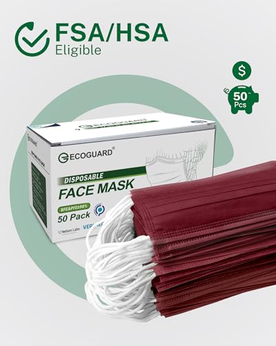 Disposable Face Masks Made in USA, 4 Ply for Families, Students, Breathable All-Day Wear & Safety, FSA HSA Eligible, ASTM Level 3 Medical Grade, 50 Pack, Burgundy - color: Burgundy, size: 50 Pack, style: Resealable Bag