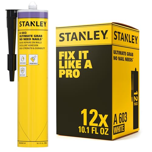 Stanley A603 Ultimate No Nail Grab Adhesive - Instant Grab Construction Adhesive for Window and Door, Drywall, Plaster Panel, Parquet Skirtings and DIY Decorations, 10.1 fl. oz. 12 Pack - size: 10.1 Fl Oz (Pack of 12)