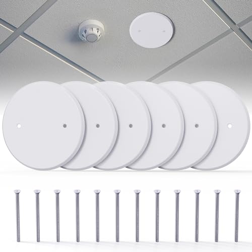 6-Pack Ceiling Cover Plate, 5 inch Round Outlet Covers Plate For 3-1/2 inch Electrical Box, Metal Blank Cleanout Cover Plate for Smoke Detector, Wall Light Hole, Hole Spacing 2.8 inch-White - color: ['white']