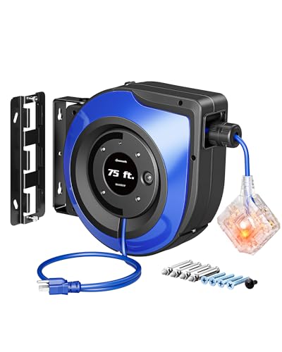 DEWENWILS Extension Cord Reel with 6 Grounded Outlets, 75FT Retractable Extension Cord Reel, Twist-lock Stopper, 14/3C SJTOW, 10A Circuit Breaker, Heavy Duty Power Cord, ETL Listed - color: Blue,6 Outlet