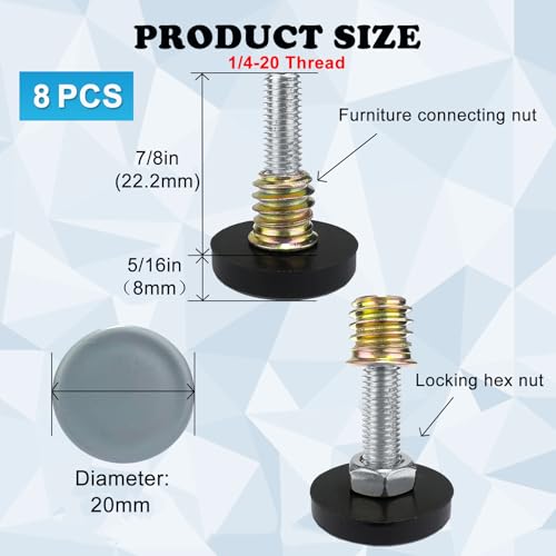 1/4" Thread Leveling Feet PTFE(Teflon) Bottom(20mm Base), Adjustable Furniture Feet Threaded Screw in Furniture Glide Leveler for Carpet and Hardwood Surface (20mm Base 1/4-20x1-8 Pack) - size: 20mm Base 1/4-20x1"-8 Pack