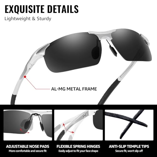 TJUTR Mens Photochromic Sunglasses Day & Night Driving Z87 Sun Glasses Polarized UV400 Protection Safety Glasses - color: C Silver Frame/Grey Polarized Lens