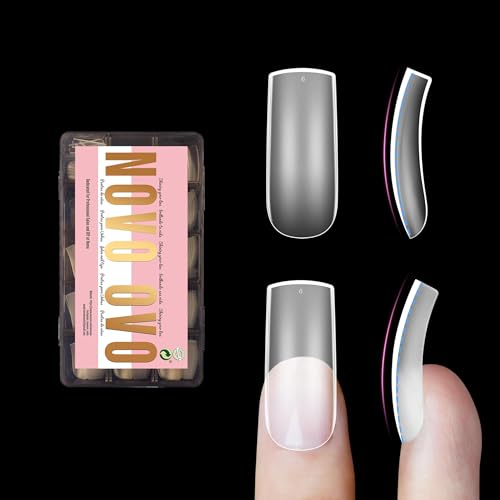NOVO OVO Halloween Medium Slightly Curved Nail Tips Press on Full Cover, Thick Square Eagle Claw Hawk Curve Gel x Acrylic Fake Nails Extension kit, Clear Pre-etched French False Nail x 15 Sizes 240pcs - color: Medium Square Curved