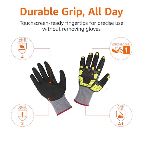 Amazon Basics Cut Level A1, Abrasion ANSI Level A4, Impact Protection Gloves with Touch Screen Friendly 15G Sandy Nitrile Palm, Pack of 120 Pairs, Yellow, Size Small - size: Small
