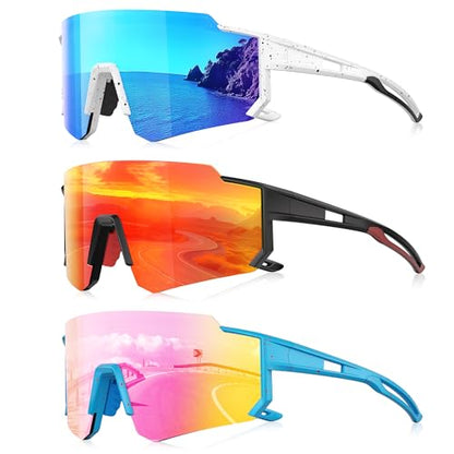 3 Pack Polarized Sunglasses for Men Women, Sports Mens Sunglasses with UV Protection for Baseball Cycling Running - color: A08-ice Blue/Red/Pink