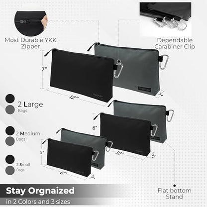 COREFLEX Premium Tool Pouch Zipper Bag, Small Tool Bag, Multipurpose Storage pouch, Heavy duty Flat Bottom Tool bag with YKK Zipper (6 pack Combo mixed size Black &Grey) - size: 6 pack Combo mixed size Black &Grey