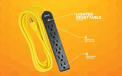 Woods 4666 Grounded 6-Outlet Workshop Power Strip, Black, with 8-Foot Yellow Cord,