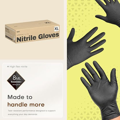 SUPER+ HEAVY DUTY Nitrile Gloves 8 Mil Diamond Texture Disposable Chemical Resistant Powder &Latex Free Food Safe Black 50 Ct - color: X-large (Iron-grey)