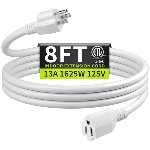 16/3 White Extension Cord 8 FT, Indoor Extension Cord for Laptops, Coffee Makers, Office Home Appliances, 3 Prong Resistant Cable Flexible, 13A 125V 1625W ETL Listed - color: White, size: 8FT, style: 16AWG Extension Cord