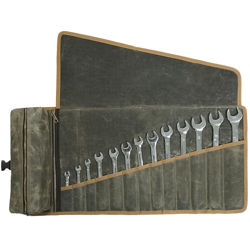 Canvas Tool Roll, Heavy Duty 16oz Waxed Canvas Wrench Roll - with Regular Tool Slots + 2 Zippered Pockets - Army Green, Portable Roll Up Wrench Organizer for Craftsman Contractor Repairman Gardener - color: ArmyGreen
