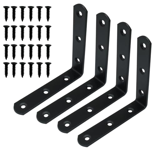 4 Pcs Black Corner Brace L Bracket, 4*4*0.8 inch / 100*100*20mm Iron Right Angle Brackets, Metal Joint Right Angle Bracket for Tables, Furniture, Shelves with Screws - size: 4"- 100mm-Black