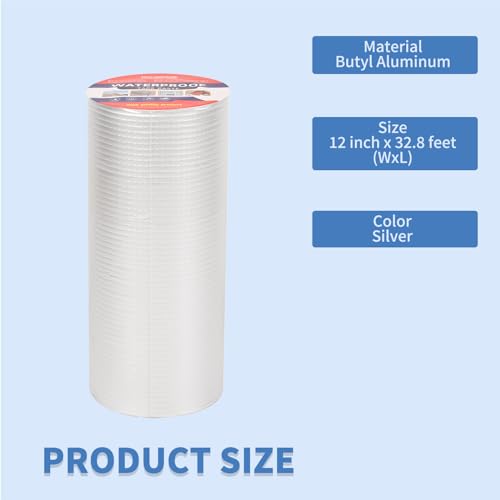 12" W X 32.8'L Waterproof Tape for Leaks Aluminum Butyl Tape with Adhesive for RV Repair, Glass Repairs, Air Mattress Patch, Window Caulking, Boat Sealing, Roof Patching - size: 12in x 32.8ft