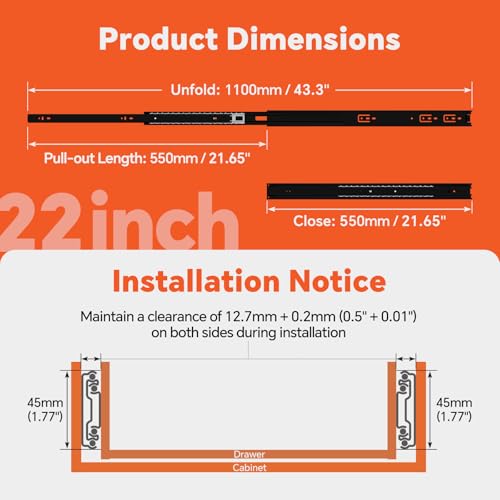 ToBeGreat 1 Pair Side Mount Drawer Slides Rails 22 Inch 100 LB Load Capacity, Full Extension Ball Bearing Metal Replacement Dresser Runners Cabinet Trash Can Slider Kitchen Glides (Black,558.8mm) - color: Black-1 pair, size: 22 Inch