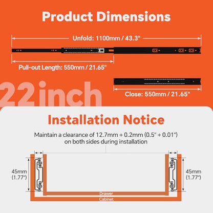 ToBeGreat 1 Pair Side Mount Drawer Slides Rails 22 Inch 100 LB Load Capacity, Full Extension Ball Bearing Metal Replacement Dresser Runners Cabinet Trash Can Slider Kitchen Glides (Black,558.8mm) - color: Black-1 pair, size: 22 Inch