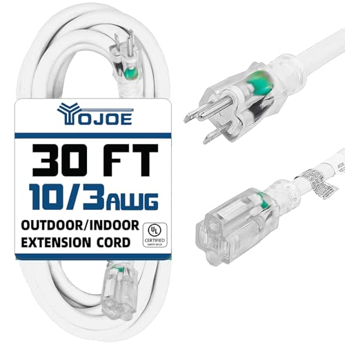 YOJOE Indoor Outdoor Extension Cord with Lighted End, 3 Prong 15A Weatherproof Power Cord, 10 Gauge Heavy Duty 30 ft White Extension Cord for Garage, Garden and Home, 10/3 SJTW UL Listed - color: White, size: 30 Foot
