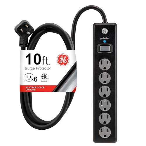GE 6-Outlet Surge Protector,10 Ft Extension Cord,Power Strip,600 Joules,Twist-to-Close Safety Covers,Protected Indicator Light,ETL Listed,Black,37442,(Pack of 12) - size: 6 Outlet | No USB | 10 Ft | Pack of 12