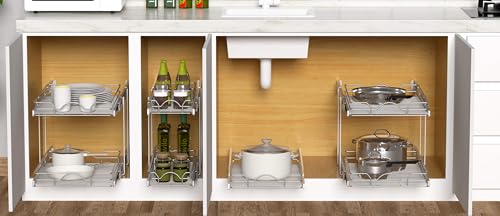 OCG 2 Tier Pull Out Cabinet Organizer (22.5" W x 21.5" D), Pull Out Drawers for Kitchen Cabinets, Pull Out Shelves for Base Cabinet Organization in Kitchen Bathroom Pantry, Chrome Finish - size: 22.5"W x 21.5"D, 2 Tier