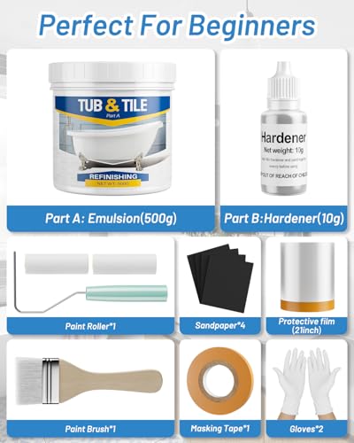 Tub and Tile Paint Refinishing Kit, 17.6oz Bathtub Refinishing Kit White with Tools and Hardener, Semi-Gloss White Tub Paint for Bathtub, Sink, Low Odor and Easy to Use, 25-30sq.ft - size: 17.6 Fl Oz (Pack of 1)