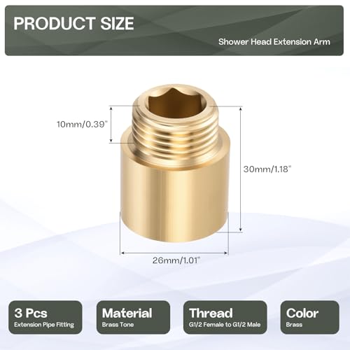 Shower Head Extension Arm, Brass G1/2 Male to Female Thread 30mm/1.18" Length Extender Pipe Fitting Nipple for Showers, Faucets, and Plumbing with PTFE Thread Seal Tape 3 Pack - size: 30mm/1.18"