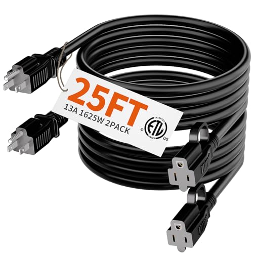 HUANCHAIN Indoor Outdoor Black Extension Cord 25 ft 2 Pack Waterproof, 16/3 Gauge Flexible Cold-Resistant Appliance Cable Outside, 13A 1625W 16AWG SJTW, 3 Prong Electric Cord, ETL - color: Black, size: 25 FT-2pcs, style: 16/3 Extension Cord