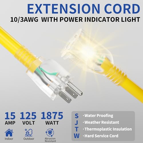 100ft Outdoor/Indoor Extension Cord with Lighted 10/3 Gauge Ultra 3 Prong Heavy Duty SJTW, Waterproof, Flexible Cold-Resistant,15A 125V 1875W, Yellow - size: 100FT