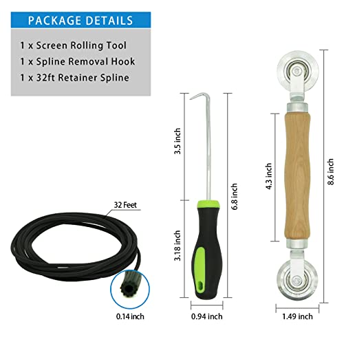 HOMMEE Screen Repair Kit - Screen Roller Tool with Bearing, Screen Retainer Spline(32ft) and Spline Removal Hook for Installing & Replacing Window Patio Sliding Door