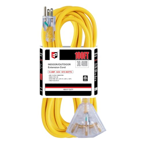 EP 100 Ft 12 Gauge Heavy Duty Extension Cord, 15A 125V 1875W, 3 Outlet Indoor/Outdoor Power Cord with Lighted End, 12/3 SJTW Weatherproof Yellow, UL Listed - color: Yellow, size: 100FT