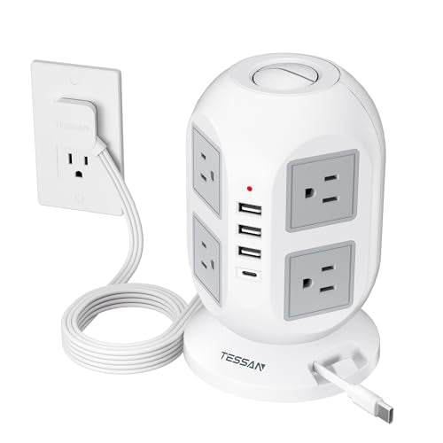 Tower Surge Protector Power Strip 10 ft, Long Flat Extension Cord with Multiple Outlets, 8 AC Outlets with 4 USB Ports, 1 Built-in USB Cable, Charging Station with Surge Protection, for Home Office - color: Grey, size: 10 Feet (4 Usb Ports, 1 Built-in Usb