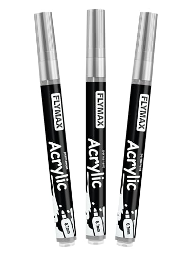 FLYMAX Silver Marker Paint Pens - Permanent Marker Pens Silver Acrylic Paint Water-Based 0.7mm Fine Tip Waterproof Quick-Drying (3 in 1Pack) - color: Silver