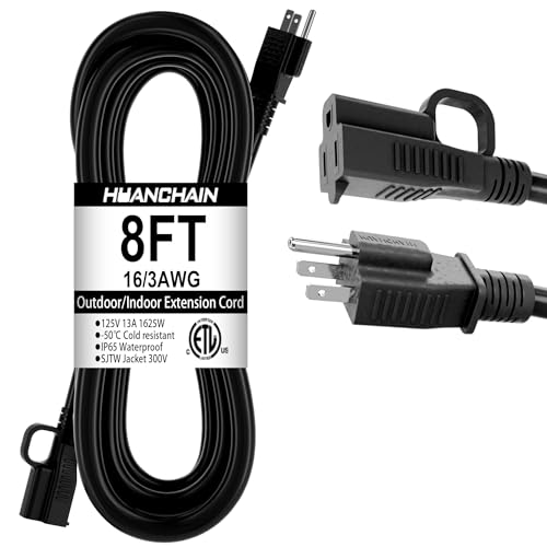 HUANCHAIN Indoor Outdoor Black Extension Cord 8 ft Waterproof, 16/3 Gauge Flexible Cold-Resistant Appliance Extension Cord Outside, 13A 1625W 16AWG SJTW, 3 Prong Electric Cable, ETL - color: Black, size: 8 FT, style: 16/3 Extension Cord