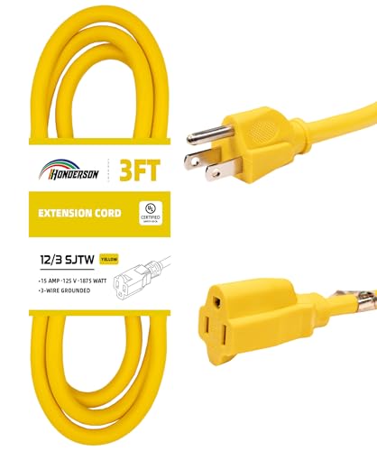 Extension Cord Weatherproof, UL Certified, 12 Gauge 3FT Yellow 3 Prong Heavy Duty, 12/3 SJTW 15A Power Cord for Lights, Appliances, Lawn - color: Yellow, size: 3FT, style: 12/3