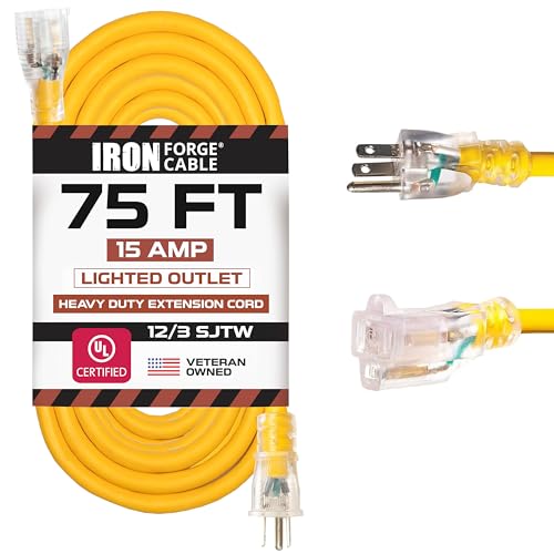Iron Forge Cable 75 Foot Lighted Outdoor Extension Cord - 12/3 SJTW Heavy Duty Yellow Extension Cable with 3 Prong 15 AMP Grounded Plug for Safety - size: 75FT