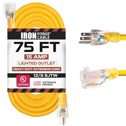 Iron Forge Cable 75 Foot Lighted Outdoor Extension Cord - 12/3 SJTW Heavy Duty Yellow Extension Cable with 3 Prong 15 AMP Grounded Plug for Safety - size: 75FT
