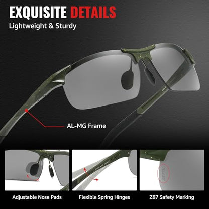 TJUTR Mens Photochromic Sunglasses Day & Night Driving Z87 Sun Glasses Polarized UV400 Protection Safety Glasses - color: B Green Yellow Dot/Z87 Photochromic Polarized Safety Lens