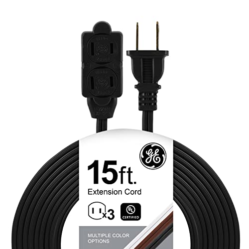GE 15 Ft Extension Cord, 3 Outlet Power Strip, 2 Prong, 16 Gauge, Twist-to-Close Safety Outlet Covers, Indoor Rated, Perfect for Home, Office or Kitchen, UL Listed, Black, 45154 - color: Black, size: 15 Ft