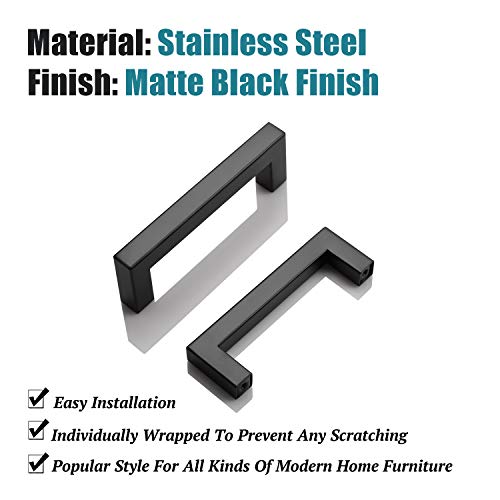KNOBWELL 6 Pack Black Kitchen Cabinet Pulls, 3-3/4 inch Hole Center Black Square Stainless Steel Dresser Drawer Pulls 4-1/5" Length - color: Matte Black, size: Hole Center:3-3/4 Inch(96mm)