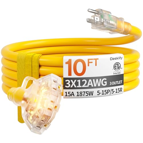 10 ft 12 Gauge Heavy Duty 3 Outlet Extension Cord Splitter with Indicator, Waterproof Outdoor Extension Cord with Multiple Outlets, 15A 1875W for Garden, ETL Listed, Flexible Yellow SJTW - size: 10FT