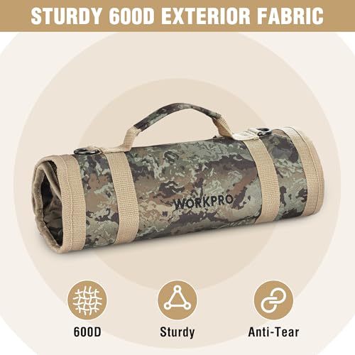 WORKPRO Roll Tool Bag with Detachable Pouches, Heavy Duty Organizer - 6 Pockets, for Mechanics, Electricians, Plumbers & Carpenters - Camo - color: Camo