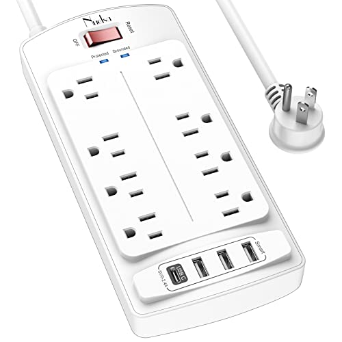 6FT Surge Protector Power Strip, Nuetsa Extension Cord with 8 Outlets and 4 USB Ports, 6 Feet Power Cord (1625W/13A), 2700 Joules, ETL Listed, White - color: White, size: 6 Ft