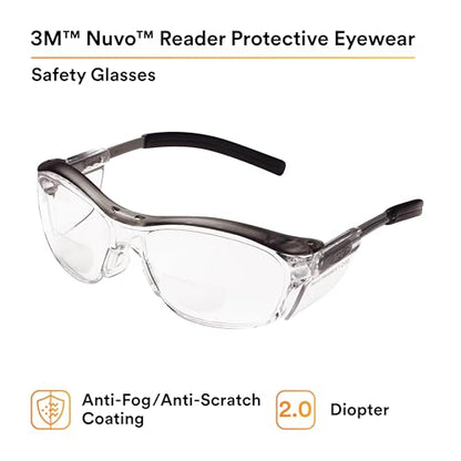 3M Safety Glasses with Readers, Nuvo Readers, +2.0 Diopter, Pack of 1, ANSI Z87, Clear Lens, Gray Frame, Soft Nose Bridge, Side Shields - color: Clear Lens (+2.0), Gray Frame, size: +2.0 Diopter