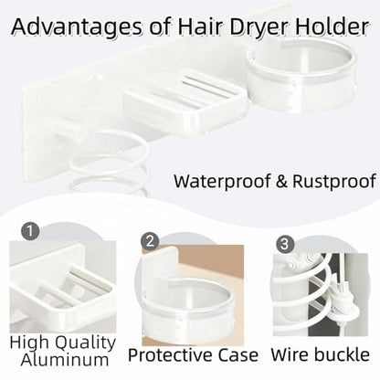 Hair Dryer Holder Wall Mounted Blow Dryer Holder Curling Iron Holder Straightener Holder 3 in 1 Bathroom Metal Hair Tool Organizer Rack（White） - color: White