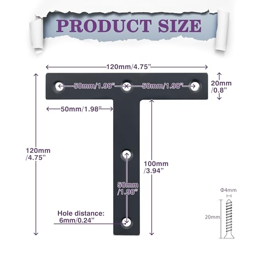 Alise ''T'' Flat Brackets,Corner Bracket Black Corner Brace Mending Plate Repair 120mmX120mm Stainless Steel Flat Braces for Wood Tables, Chairs, Sofas, Beds, Cabinets, Doors and Windows,Pack of 8 - size: 120x120mm, style: Matte Black