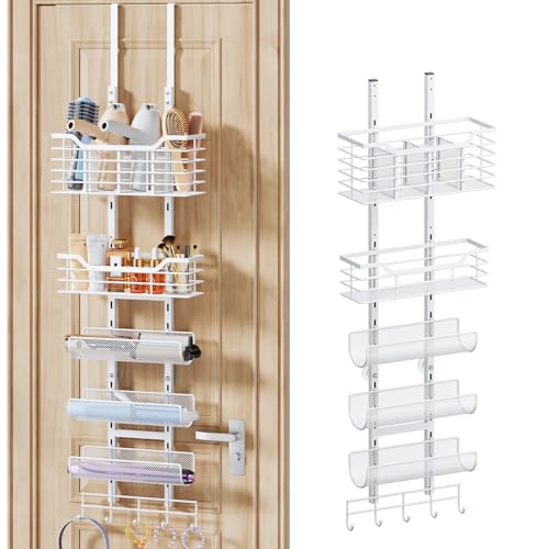 Consumest 6-Tier Hair Tool Organizer - Hair Dryer Holder Over The Door/Wall Mounted DIY Adjustable Shelf Bathroom Door Organizer with Hook for Curling Iron/Blow Dryer/Straightener White - color: White