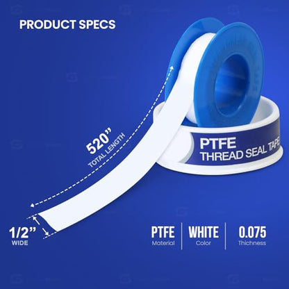 Supply Giant Plumbers PTFE Tape 1/2" W x 520" L Pipe Thread Tape, High Density Thread Sealant Tape Water Seal Plumbing Tape for Shower Head, Pipes, Gas Lines, Leak Prevention - size: 520", style: Pack of 1