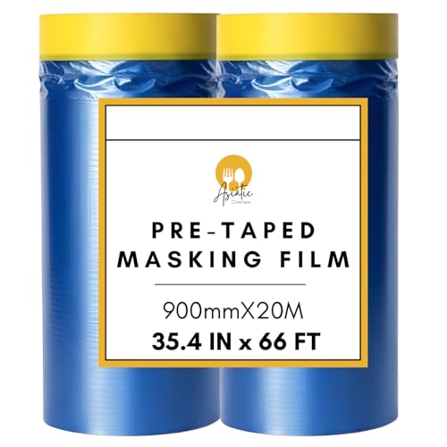Pre-Taped Masking Film 35.4" x 66', Pack of 2 – Automotive Painters Plastic Sheeting with Built-In Tape – Overspray Protection for Auto Body, Home Painting & Renovation – Tear-Resistant Drop Cloth