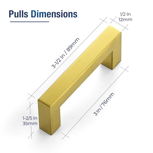 JOY DECOR 2 Pack Cabinet Handles, Gold Cabinet Pulls, 3 Inch Kitchen Handles Square Drawer Pulls Stainless Steel Drawer Hardware Handles, 76mm Hole Centers - size: 3 Inch Hole Center