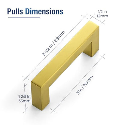 JOY DECOR 2 Pack Cabinet Handles, Gold Cabinet Pulls, 3 Inch Kitchen Handles Square Drawer Pulls Stainless Steel Drawer Hardware Handles, 76mm Hole Centers - size: 3 Inch Hole Center