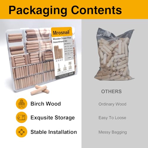 260 Pcs Wooden Dowel Pins in 4 Sizes, 1/4, 5/16, 3/8 inch Fluted Wood Dowels Hardwood Pegs for Table Legs, Wooden Frames, Bookshelves - size: 260PCS MIX