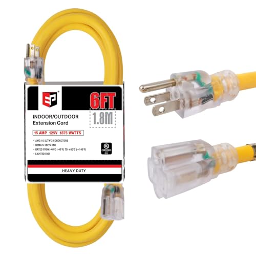 EP 6 Ft Lighted Outdoor Extension Cord - 10/3 SJTW Heavy Duty Yellow Extension Cable with 3 Prong Grounded Plug for Safety, ETL Listed - color: Yellow, size: 6ft
